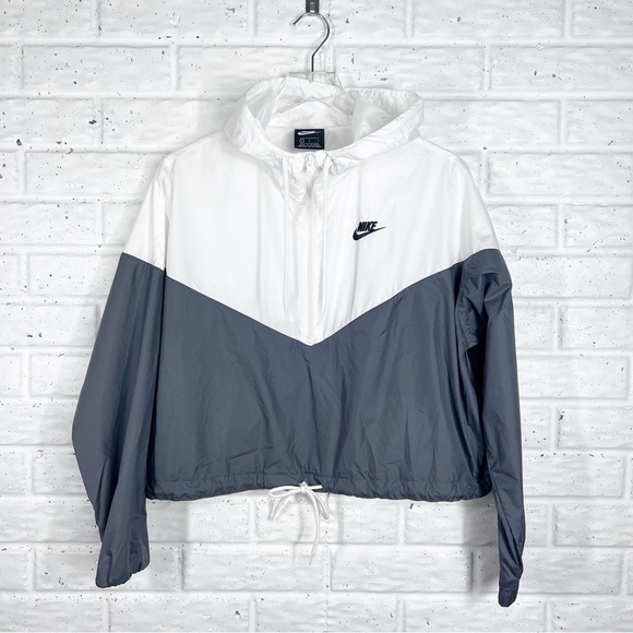 NIKE Women’s Large White & Grey Color Block Half Zip Hooded Pullover Windbreaker - Picture 2 of 7